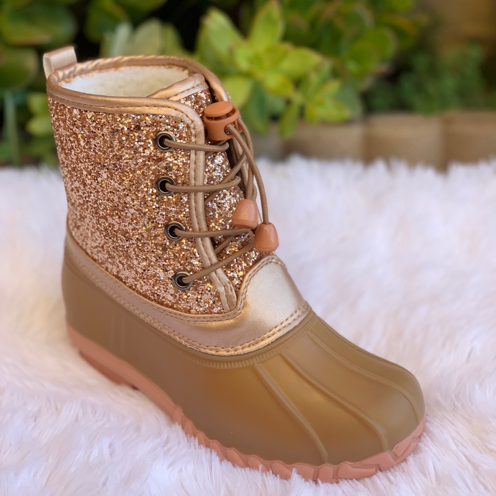 NEW** GIRLS ROSE GOLD GLITTER LACE UP DUCK BOOTS